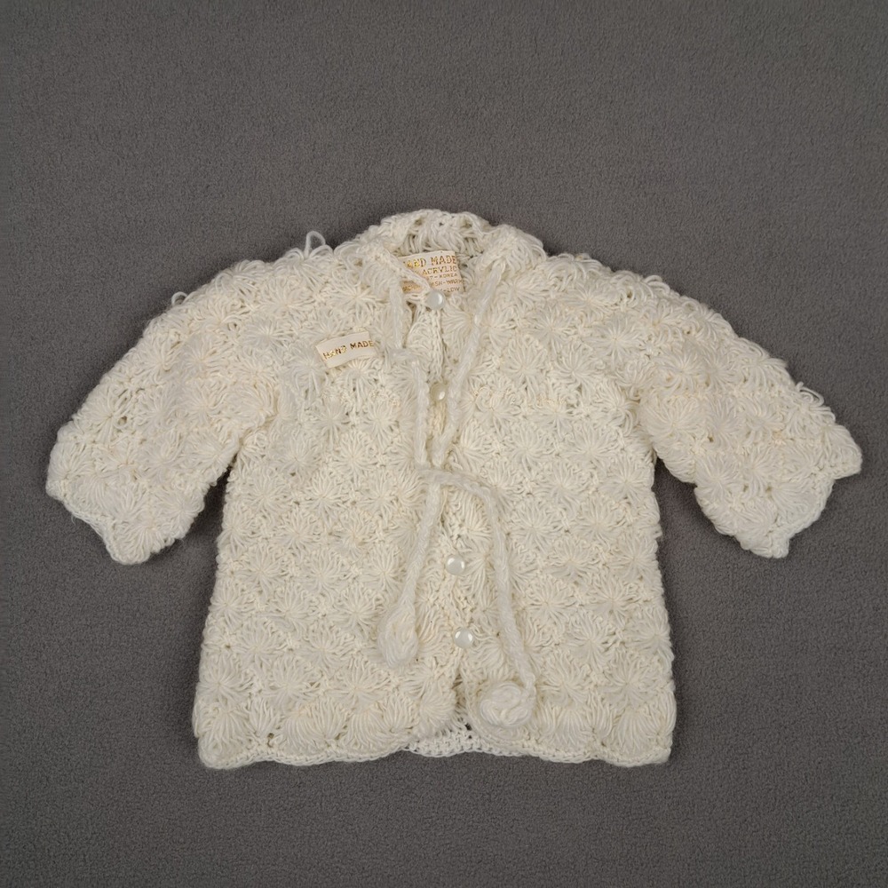 Vintage Sweater Baby Girl 3-12 Months White Hand Knit Jumper Floral Pearl Button